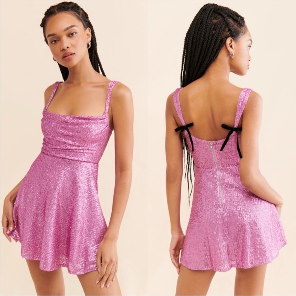 NEW NWT FOR LOVE AND LEMONS Candice Pink Sequin Bow Mini Dress